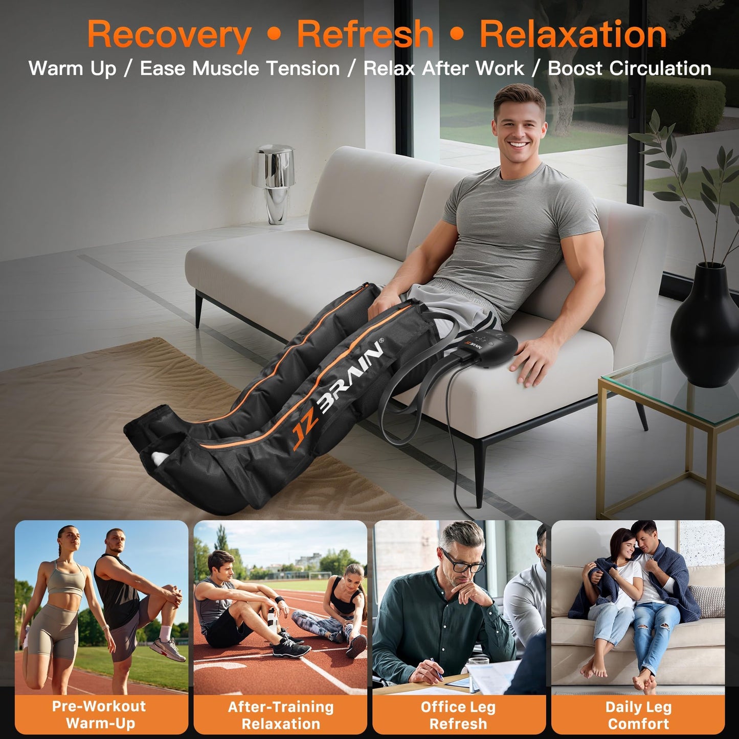 JZBRAIN Cordless Leg Compression Massager for Circulation : Sequential Compression Boots for Massage Therapy & Fast Recovery - 8 Intensity, 6 Modes, 14 Positions for Athletes & Gym, FSA-HSA (Medium)